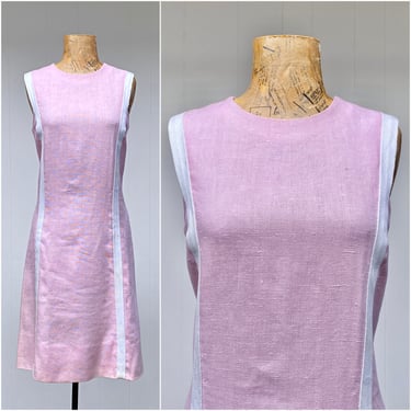 Vintage 1960s Mod Linen Dress, 60s Pink and White Sheath, Mid-Century I. Magnin Frock, Spring/Summer Fashion 36 Inch Bust 