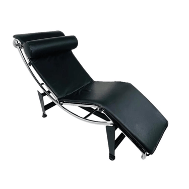 #1402 Black Leather &amp; Chrome Lounge in the Manner of Le Corbusier