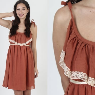 Cinnamon Shoulder Ties Garden Dress, Low Cut Sexy Boho Prairie Sundress, 70s Adjustable Length Hippie Mini 