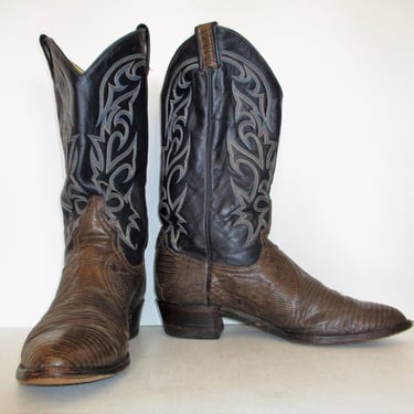 Vintage Larry Mahan Lizard Cowboy Boots, Brown Leather, Size 10 Men. Dark Blue Shaft 