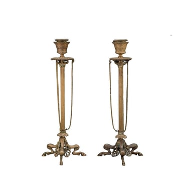 Antique French Neo-Pompeian Bronze Candlestick Pair Stamped Ferdinand Barbedienne - Greco-Roman Neoclassical Revival 
