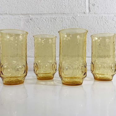 Vintage Yellow Glasses Set of 4 Glass Mid-Century Colorful Serving Amber Party BBQ Picnic Dot 1960s 