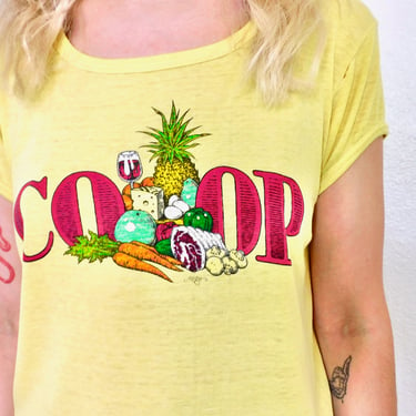 Co-Op Shirt // vintage yellow thin soft food hippie tee cotton t-shirt t top blouse 70s hippy 1970s 70's co op // S/M 