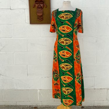 Tribal Green and Orange Maxi Dress \/ Med
