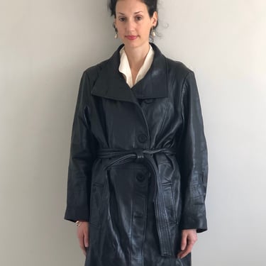 90s leather belted trench coat / vintage black genuine leather belted jacket coat / high collar leather coat | L 