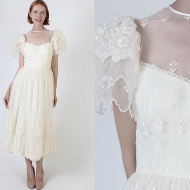 80s Cream Floral Lace Dress, Sheer Scallop Hem, Vintage Formal Solid Embroidered Gown, Elegant Bridal Wedding Dress 