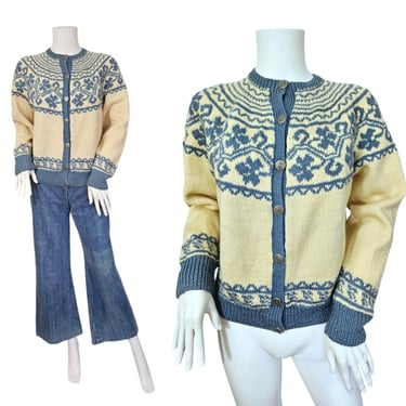 1950's Cream Blue Norwegian Hand Knit Wool Cardigan Sweater I Sz Med 