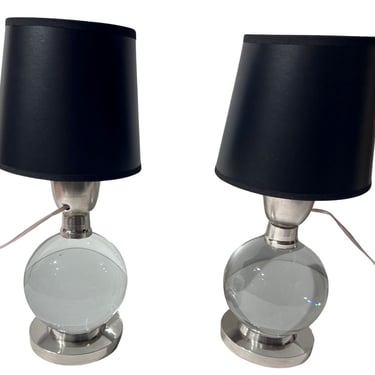 Jacques Adnet and Clear Baccarat Crystal Ball Metal Art Deco Table Lamps