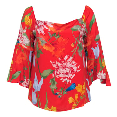 Alice & Olivia - Red & Multicolor Floral Print Bell Sleeve Silk Blouse Sz L