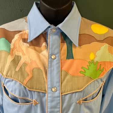 vintage cowboy pearl snap shirt 70s appliqué button down men's rockabilly shirt medium 