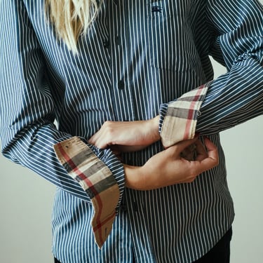Vintage BURBERRY Blue + White Striped Button Down Top with Haymarket Check Collars + Cuffs Mens Polo Horse Y2K Minimal 