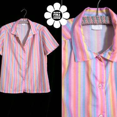 Cute Vintage 80s Pastel Rainbow Stripe Short Sleeve Button Down Blouse 