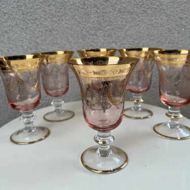 Vintage elegant Water goblets set 6 Medici rose pink by Arte Italica with 24k gold rims 