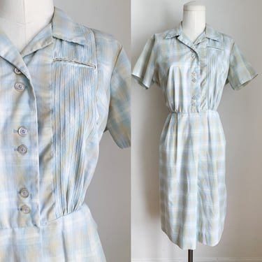 Vintage 1950s Pale Blue and Beige Plaid Shirtwaist Dress / M 