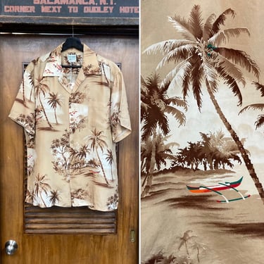 Vintage 1950’s Size XL “Nani” Atomic Tropical Palm Tree Silk Hawaiian Shirt, Original, Rare Size, 1950’s Shirt 