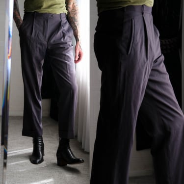 Vintage 80s ZANELLA Black Sharkskin & Cerulean Blue Square Check Print Pleated Cuffed Slacks | 100% Wool | 1980s Italian Designer Pants 