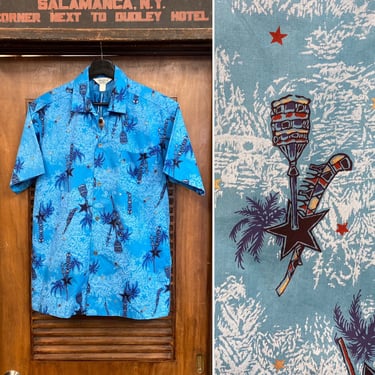 Vintage 1950’s -Deadstock- “Malihini” Atomic Star Tiki Cotton Loop Collar Rockabilly Hawaiian Shirt, 50’s Vintage Clothing 