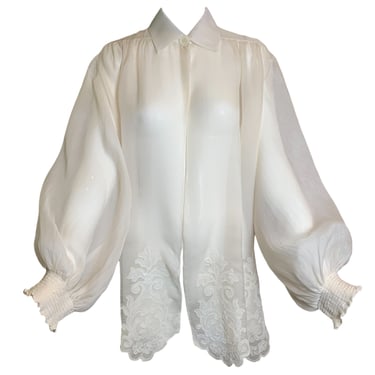 Christian Dior Boutique Cream Silk Organdy Blouse with Guipure Lace Appliques