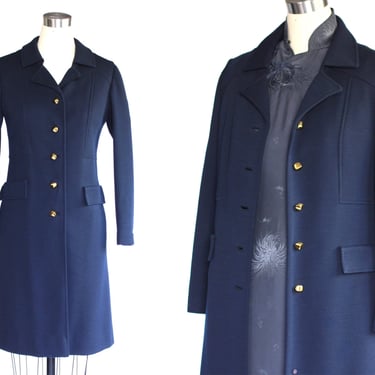 1960s Ransohoffs Tailored Wool Knit Navy Blue Coat - Vintage Single Breasted Knee Length Coat with Gold Glass Buttons 