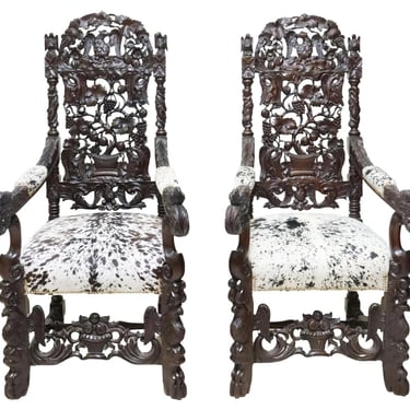 Antique Armchairs, Throne, Pair, Cowhide, Monumental Figural Carved, 1800s!!