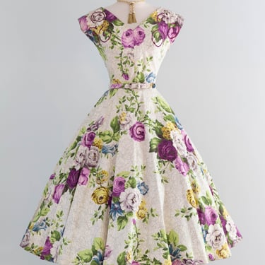 Rare 1950's Saison Happily Married Purple Rose Print Bark Cloth Dress / Waist 28"