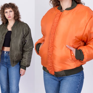 Vintage Puffy Reversible Bomber Flight Jacket - Men's Small | 90s Y2K Oversize Army Green Orange Military Puffer Coat 