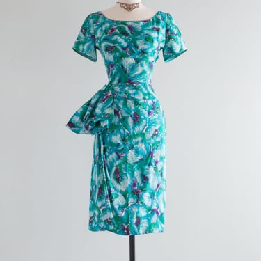 Glamorous 1950's Silk Floral Print Sarong Skirt Cocktail Dress / SM