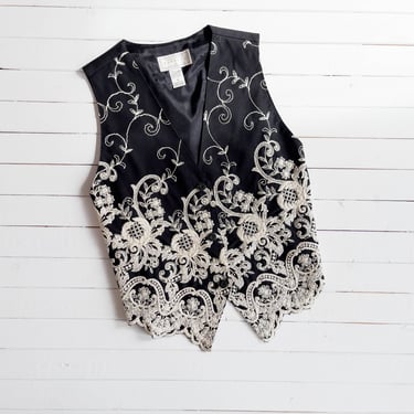 floral cotton vest | 90s vintage black white floral embroidered cottagecore academia waistcoat 