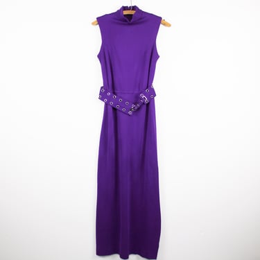 Vintage 70s Deep Vibrant Violet Maxi Dress, Sleeveless, Matching Belt, Side Slit, High Collar - XS 