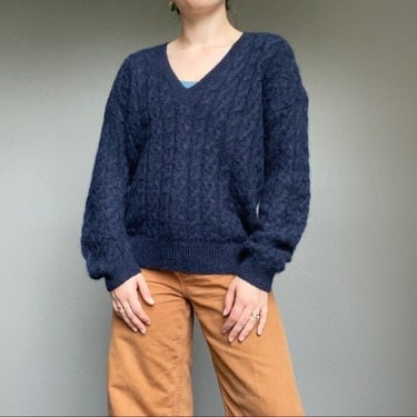 Vince Women’s Navy Blue Alpaca Mohair Blend V Neck Cable Knit Soft Sweater Sz M 