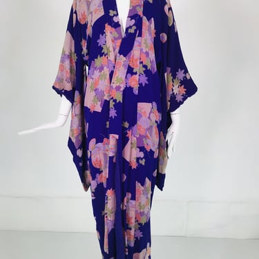 Vintage Purple Silk Crepe Maple Leaf Design Silk Lined Kimono