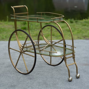 Italian Hollywood Regency Style Brass and Glass Two Tier Bar Cart or Trolley
