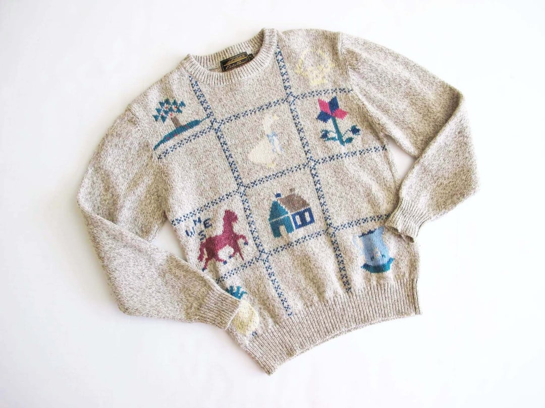 Vintage Eddie Bauer Wool Knit Sweater S - Novelty Print | Milk