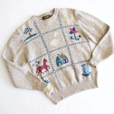 Vintage Eddie Bauer Wool Knit Sweater S - Novelty Print Oatmeal Beige Pullover Jumper - Cottagecore Kawaii Quirky Sweater 