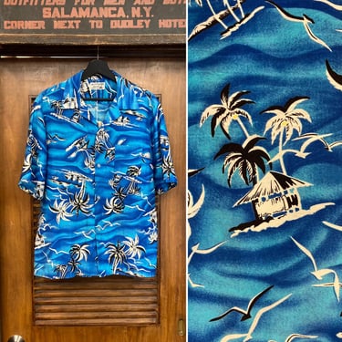 Vintage 1960’s Tiki Tropical Palm Tree Cotton Hawaiian Shirt, 60’s Camp Collar, Vintage Clothing 