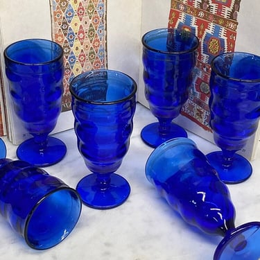 Vintage Goblets Retro 1990s Contemporary + Blue Glass + Set of 6 Matching + Drinking or Water Glass + Kitchen and Barware + Modern Glassware 