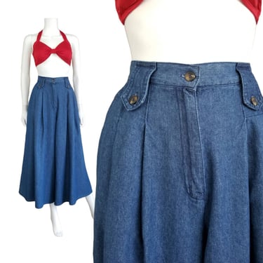 Vintage Denim Culottes, Medium / High Waist Gaucho Pants / 90s Pleated Denim Pants / 50s Style Blue Jean Palazzo Pants / Flared Leg Capris 