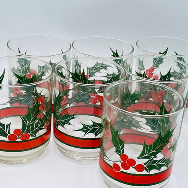 Vintage Christmas Libbey Holly & Berries Rocks Glasses Set of 6 Old Fashioned 