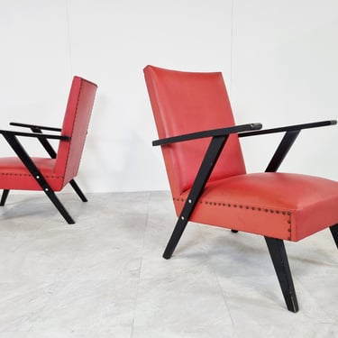 Pair of Vintage armchairs, 1960's Belgium- Vintage chairs - vintage lounge chairs - pair of skai armchairs - faux leather armchairs 