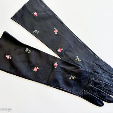 1950s Black Leather Embroidery Gloves | 50s Long Black Leather Gloves | Black Flower Embellished  Gloves | Small 