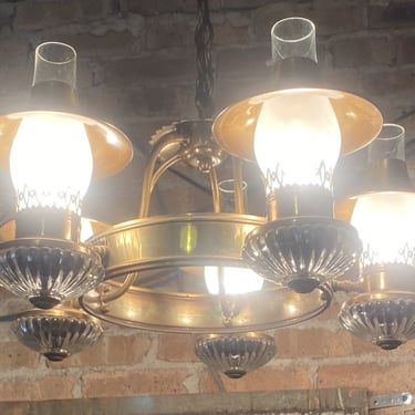 Gold and Glass 5 Light Chandelier w Lantern Shades