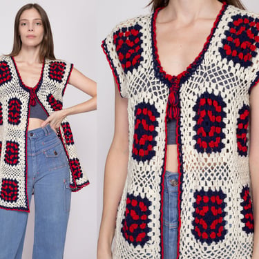 One Size 70s Granny Square Crochet Knit Hippie Vest | Vintage Boho Red White Blue Open Fit Sleeveless Cardigan 