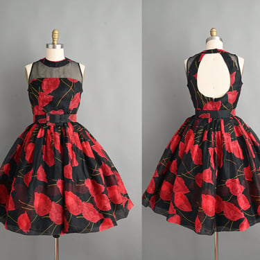 Vintage 1950s Dress | Bold Red Rose Floral Print Full Skirt Cocktail Dress | small - medium 