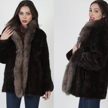 Real Ranch Mink Coat With Silver Arctic Fox Fur Trim Collar 
