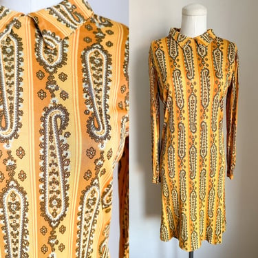 Vintage 1960s Mustard Yellow Paisley Dress / S-M 