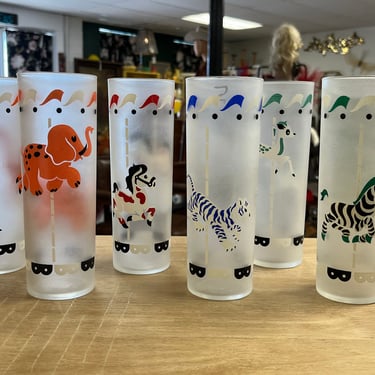Libbey carousel glasses 1950s frosted circus animal tall barware set of six 