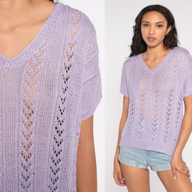 Sheer Sweater Top Lavender 80s Knit Shirt Boho Open Weave Short Sleeve Blouse Cutout Pastel Purple 1980s Bohemian Retro Vintage V Neck Large 