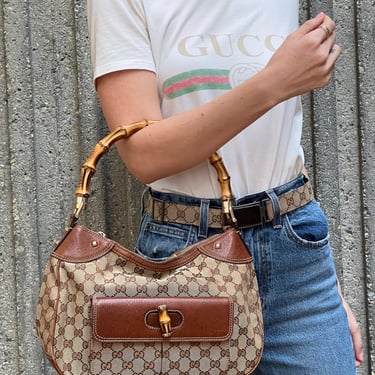 Gucci Vintage Brown Monogram Canvas Satchel Handbag with Stripes