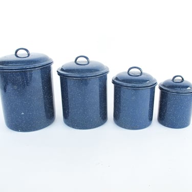 Set of 4 Vintage Blue Enamel Canisters with Lids Made in the USA 