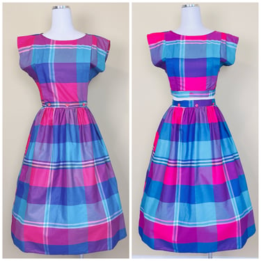 1980s You Babes II Madras Plaid Two Piece Dress/ 80s Fit and Flare Pink / Blue Crop Top Set / Size Small 
